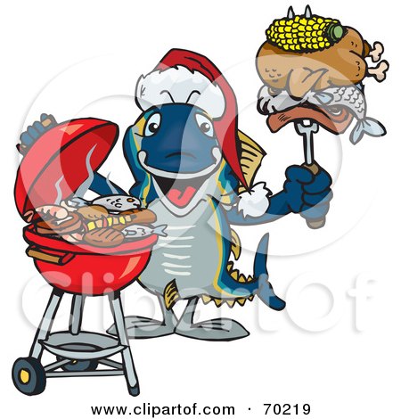 Royalty-Free (RF) Clipart Illustration of a Grilling Tuna Fish Wearing A Santa Hat And Holding Food On A BBQ Fork by Dennis Holmes Designs