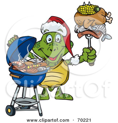 Royalty-Free (RF) Clipart Illustration of a Grilling Turtle Wearing A Santa Hat And Holding Food On A BBQ Fork by Dennis Holmes Designs