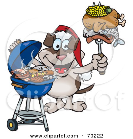 Royalty-Free (RF) Clipart Illustration of a Grilling Canine Wearing A Santa Hat And Holding Food On A BBQ Fork by Dennis Holmes Designs