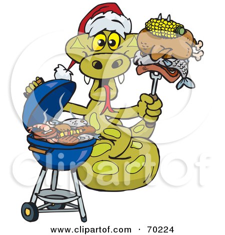 Royalty-Free (RF) Clipart Illustration of a Grilling Python Wearing A Santa Hat And Holding Food On A BBQ Fork by Dennis Holmes Designs
