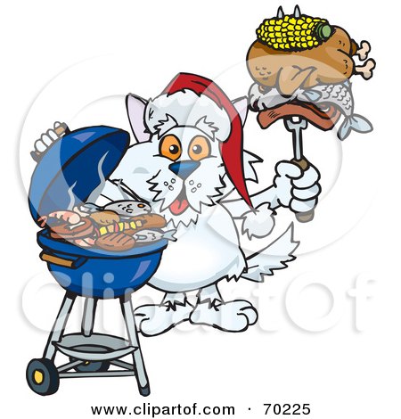 Royalty-Free (RF) Clipart Illustration of a Grilling Terrier Dog Wearing A Santa Hat And Holding Food On A BBQ Fork by Dennis Holmes Designs