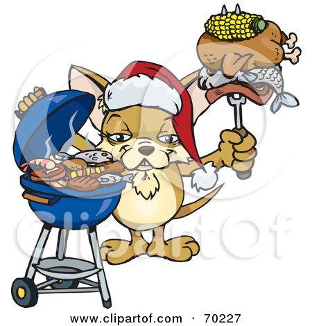 Royalty-Free (RF) Clipart Illustration of a Grilling Chihuahua Wearing A Santa Hat And Holding Food On A BBQ Fork by Dennis Holmes Designs