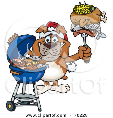 Royalty-Free (RF) Clipart Illustration of a Grilling Bulldog Wearing A Santa Hat And Holding Food On A BBQ Fork by Dennis Holmes Designs