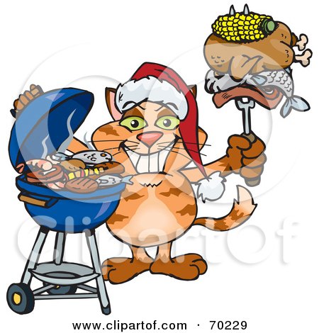 Royalty-Free (RF) Clipart Illustration of a Grilling Orange Cat Wearing A Santa Hat And Holding Food On A BBQ Fork by Dennis Holmes Designs