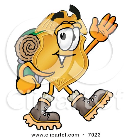 Clipart Picture of a Badge Mascot Cartoon Character Hiking and Carrying a Backpack by Mascot Junction