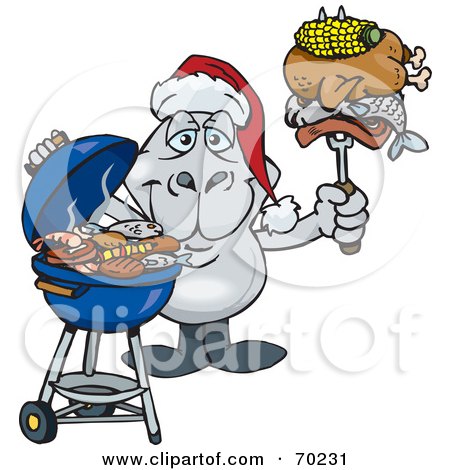 Royalty-Free (RF) Clipart Illustration of a Grilling Dugong Wearing A Santa Hat And Holding Food On A BBQ Fork by Dennis Holmes Designs