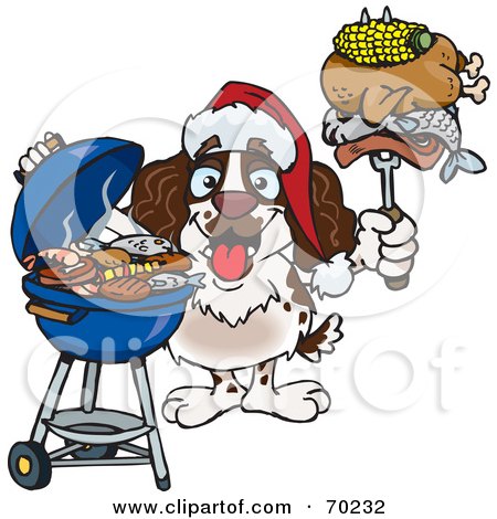 Royalty-Free (RF) Clipart Illustration of a Grilling Spaniel Wearing A Santa Hat And Holding Food On A BBQ Fork by Dennis Holmes Designs