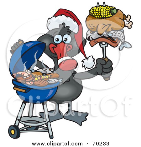 Royalty-Free (RF) Clipart Illustration of a Grilling Black Swan Wearing A Santa Hat And Holding Food On A BBQ Fork by Dennis Holmes Designs