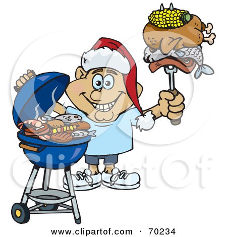 Royalty-Free (RF) Clipart Illustration of a Grilling Man Wearing A Santa Hat And Holding Food On A BBQ Fork - Version 4 by Dennis Holmes Designs