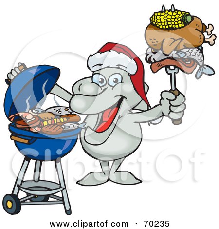 Royalty-Free (RF) Clipart Illustration of a Grilling Dolphin Wearing A Santa Hat And Holding Food On A BBQ Fork by Dennis Holmes Designs
