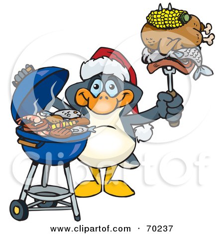 Royalty-Free (RF) Clipart Illustration of a Grilling Penguin Wearing A Santa Hat And Holding Food On A BBQ Fork by Dennis Holmes Designs