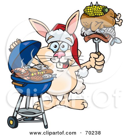 Royalty-Free (RF) Clipart Illustration of a Grilling Rabbit Wearing A Santa Hat And Holding Food On A BBQ Fork by Dennis Holmes Designs