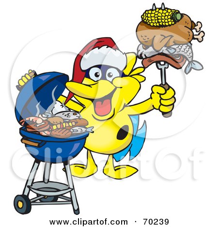 Royalty-Free (RF) Clipart Illustration of a Grilling Marine Fish Wearing A Santa Hat And Holding Food On A BBQ Fork by Dennis Holmes Designs