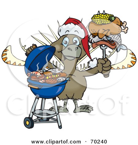 Royalty-Free (RF) Clipart Illustration of a Grilling Lyrebird Wearing A Santa Hat And Holding Food On A BBQ Fork by Dennis Holmes Designs