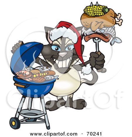 Royalty-Free (RF) Clipart Illustration of a Grilling Siamese Cat Wearing A Santa Hat And Holding Food On A BBQ Fork by Dennis Holmes Designs