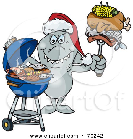 Royalty-Free (RF) Clipart Illustration of a Grilling Shark Wearing A Santa Hat And Holding Food On A BBQ Fork by Dennis Holmes Designs