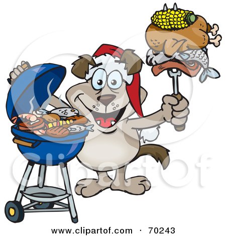 Royalty-Free (RF) Clipart Illustration of a Grilling Dog Wearing A Santa Hat And Holding Food On A BBQ Fork by Dennis Holmes Designs