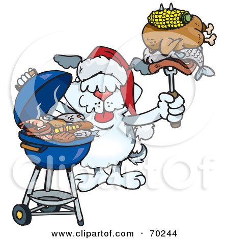 Royalty-Free (RF) Clipart Illustration of a Grilling Terrier Wearing A Santa Hat And Holding Food On A BBQ Fork by Dennis Holmes Designs