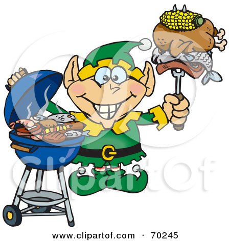 Royalty-Free (RF) Clipart Illustration of a Grilling Christmas Elf Holding Food On A BBQ Fork by Dennis Holmes Designs