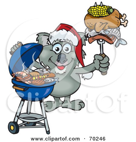Royalty-Free (RF) Clipart Illustration of a Grilling Koala Wearing A Santa Hat And Holding Food On A BBQ Fork by Dennis Holmes Designs