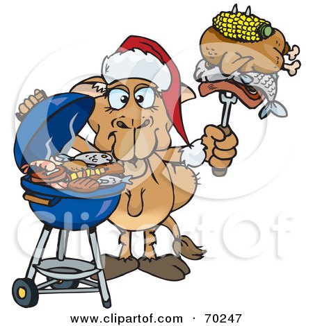 Royalty-Free (RF) Clipart Illustration of a Grilling Camel Wearing A Santa Hat And Holding Food On A BBQ Fork by Dennis Holmes Designs