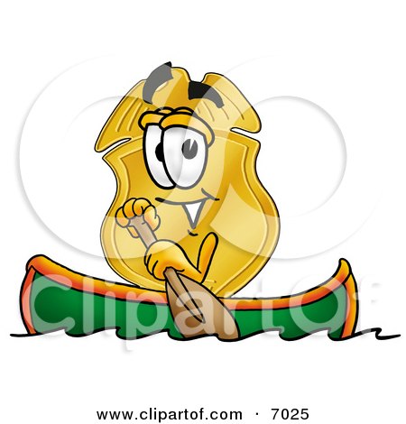 Clipart Picture of a Badge Mascot Cartoon Character Rowing a Boat by Mascot Junction
