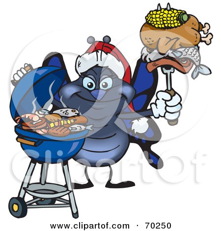 Royalty-Free (RF) Clipart Illustration of a Grilling Blue Butterfly Wearing A Santa Hat And Holding Food On A BBQ Fork by Dennis Holmes Designs