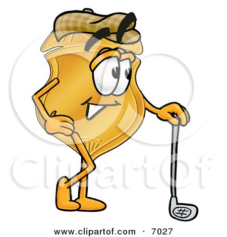 Clipart Picture of a Badge Mascot Cartoon Character Leaning on a Golf Club While Golfing by Mascot Junction