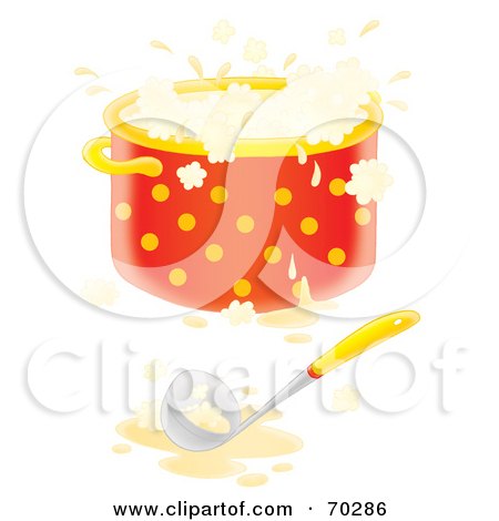 Royalty-Free (RF) Clipart Illustration of a Ladle With A Boiling Pot Of Airbrushed Soup And A Spill On The Counter by Alex Bannykh