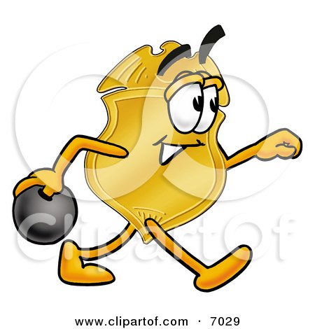 Clipart Picture of a Badge Mascot Cartoon Character Holding a Bowling Ball by Mascot Junction