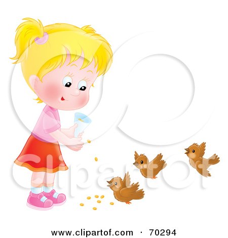 Royalty-Free (RF) Clipart Illustration of a Little Airbrushed Blond Girl Feeding Birds by Alex Bannykh