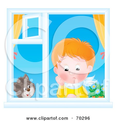 Royalty-Free (RF) Clipart Illustration of a Cat Watching A Lonely Red Haired Boy In A Window by Alex Bannykh