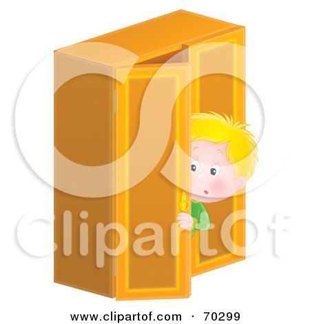 Royalty-Free (RF) Clipart Illustration of a Little Airbrushed Blond Boy Peeking Out Of A Closet by Alex Bannykh