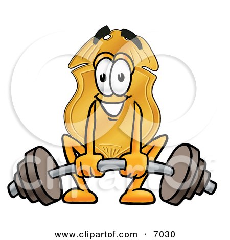 Clipart Picture of a Badge Mascot Cartoon Character Lifting a Heavy Barbell by Mascot Junction
