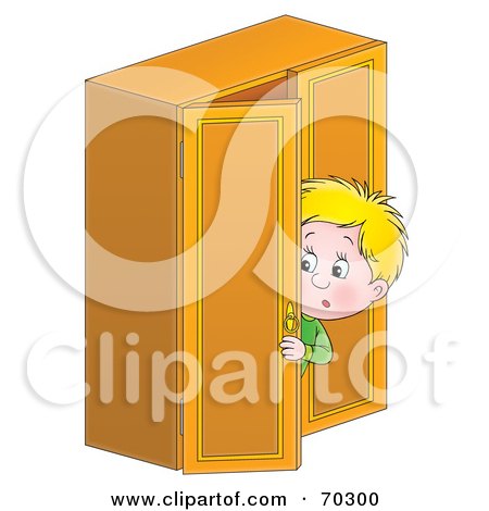 Royalty-Free (RF) Clipart Illustration of a Little Blond Boy Peeking Out Of A Closet by Alex Bannykh