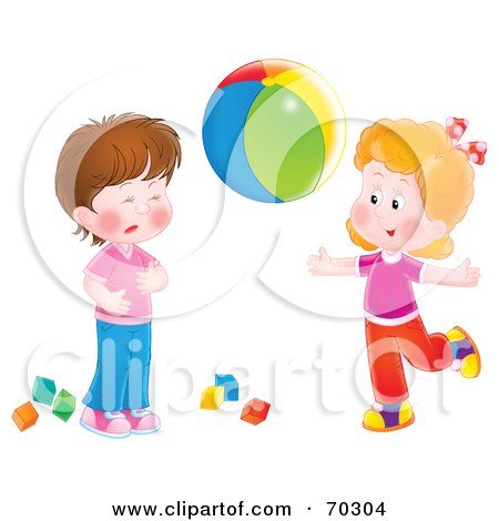 Royalty-Free (RF) Clipart Illustration of a Two Little Girls Playing With A Beach Ball And Blocks by Alex Bannykh