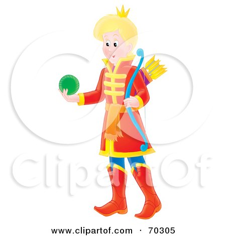 Royalty-Free (RF) Clipart Illustration of a Young Airbrushed Prince Carrying A Bow And A Ball by Alex Bannykh