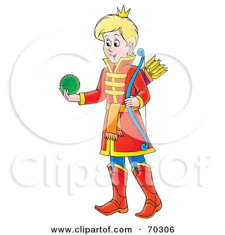 Royalty-Free (RF) Clipart Illustration of a Young Prince Carrying A Bow And A Ball by Alex Bannykh