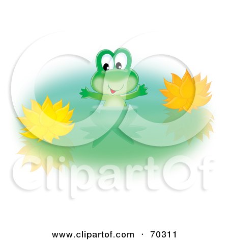 Royalty-Free (RF) Clipart Illustration of a Happy Green Frog Wading By Yellow Lotus Flowers In A Pond by Alex Bannykh