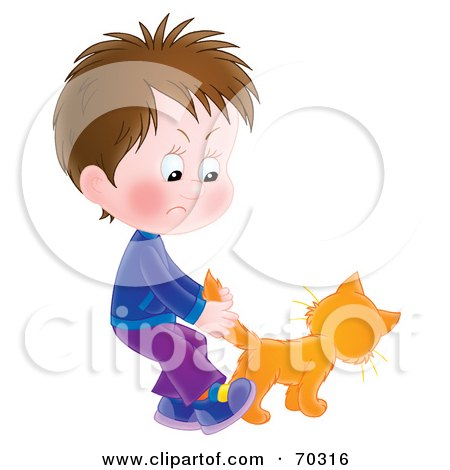 Royalty-Free (RF) Clipart Illustration of a Brunette Airbrushed Boy Pulling A Cat's Tail by Alex Bannykh
