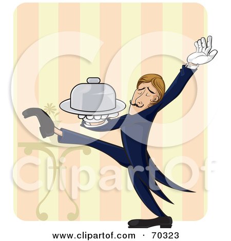 Royalty-Free (RF) Clipart Illustration of a Professional Waiter Strutting And Holding Out A Platter by Paulo Resende