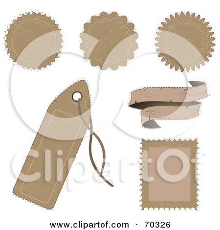 Royalty-Free (RF) Clipart Illustration of a Digital Collage Of Blank Distressed Tan Labels, Tags, Stamps And Banners by elaineitalia