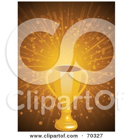 Royalty-Free (RF) Clipart Illustration of a Gold Trophy Cup Over A Bursting Golden Background With Particles by elaineitalia