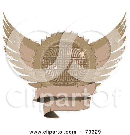 Royalty-Free (RF) Clipart Illustration of a Distressed Winged Shield With A Blank Banner And A Disco Ball by elaineitalia