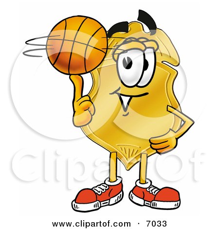 Clipart Picture of a Badge Mascot Cartoon Character Spinning a Basketball on His Finger by Mascot Junction