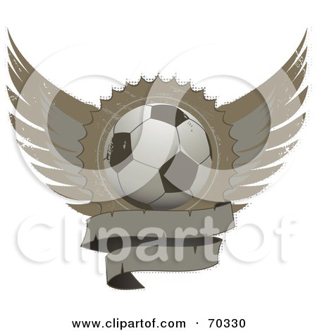 Royalty-Free (RF) Clipart Illustration of a Distressed Winged Shield With A Blank Banner And A Soccer Ball by elaineitalia