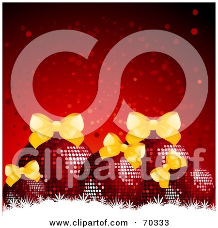 Royalty-Free (RF) Clipart Illustration of a Red Sparkle Background With Christmas Baubles, Golden Bows And White Grunge by elaineitalia