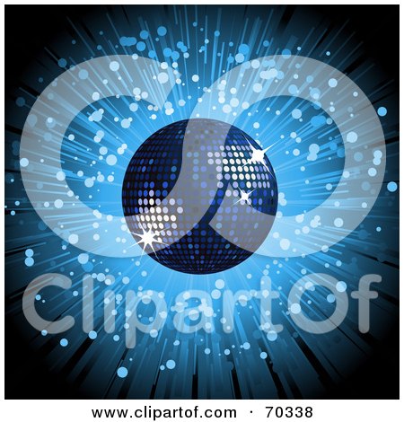 Royalty-Free (RF) Clipart Illustration of a Blue Burst Background With A Sparkly Disco Ball by elaineitalia