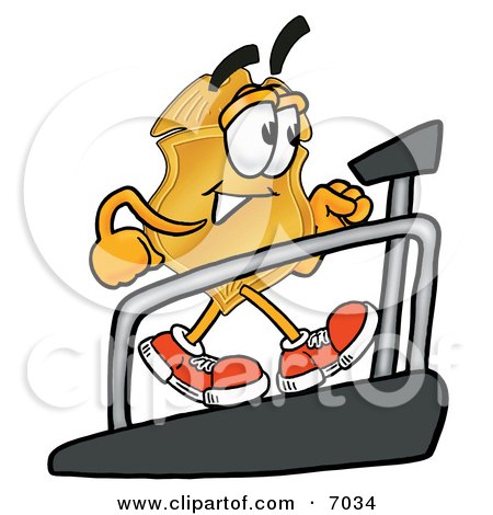 Clipart Picture of a Badge Mascot Cartoon Character Walking on a Treadmill in a Fitness Gym by Mascot Junction
