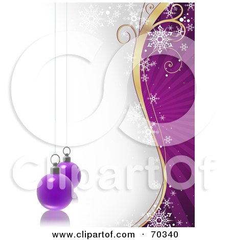 Royalty-Free (RF) Clipart Illustration of a Purple, Gold And White Background With Suspended Christmas Baubles by dero